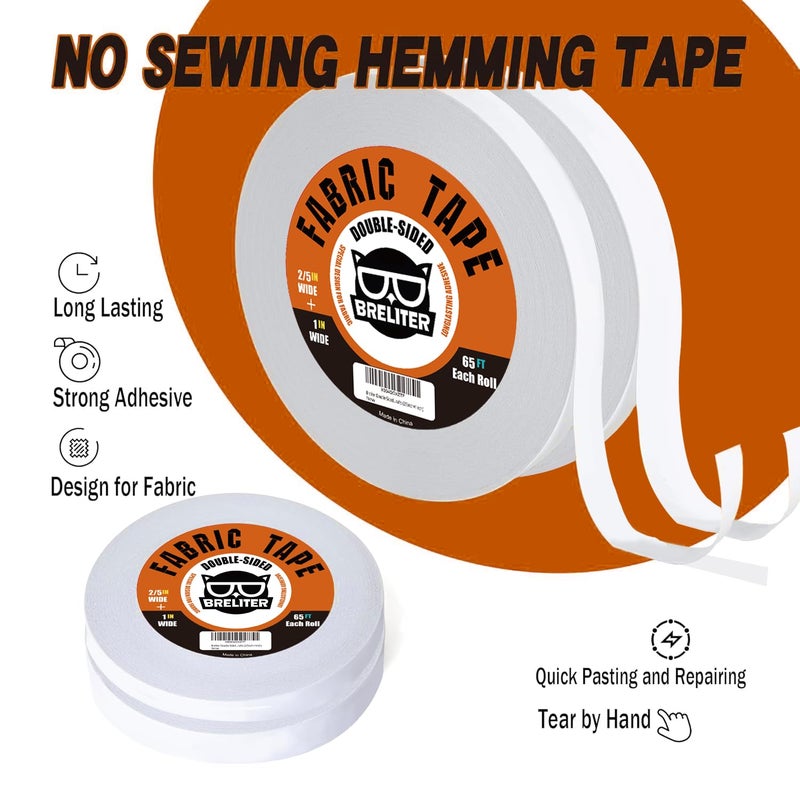 Breliter Double-Sided Fabric Tape (2 Rolls) - 65FT Length, No Sewing or Ironing Required, Perfect for Quick Clothing Repairs, Fabric Bonding, and DIY Crafts (2/5inch+1inch) - Image 2